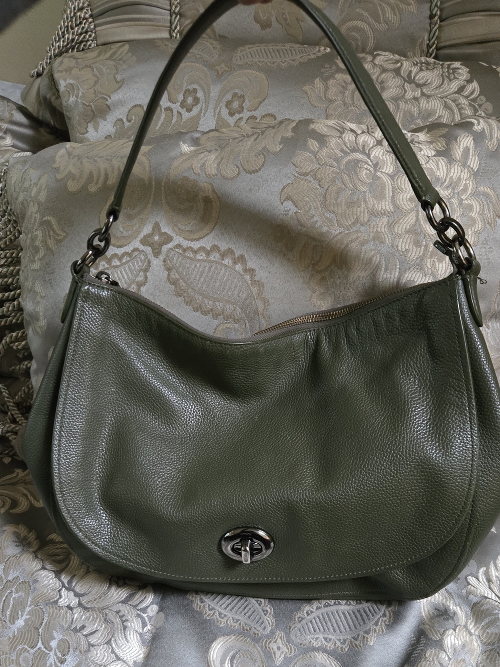 Coach Pebbled Turnlock Hobo bag in Olive with gunmetal hardware
